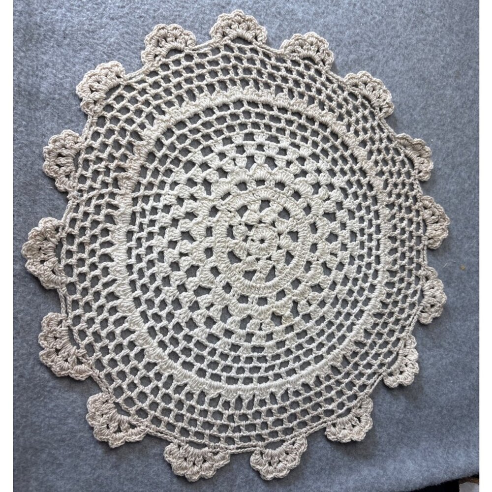 Handmade Crochet Doily 11.5" Round Beige Cotton Lace Table Decor